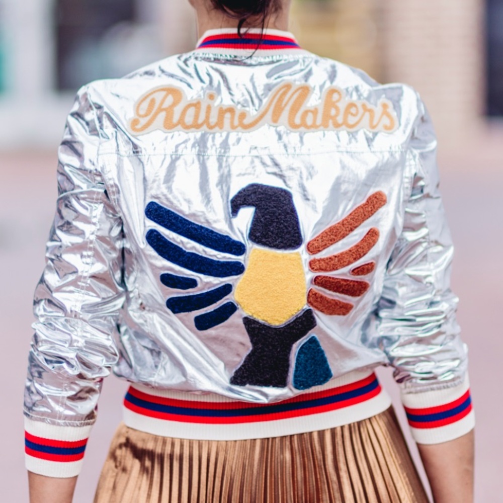 ISABEL MARANT ETOILE Ferna Embroidered Silver Bomber Jacket Rainmakers 38 - Picture 5 of 8